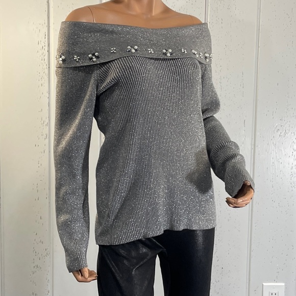 *Lauren Michelle Women’s Grey Off The Shoulder Sweater Sz L - Picture 5 of 13